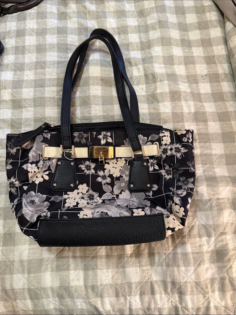Floral Tote Handbag with Gold Accent - Black and White